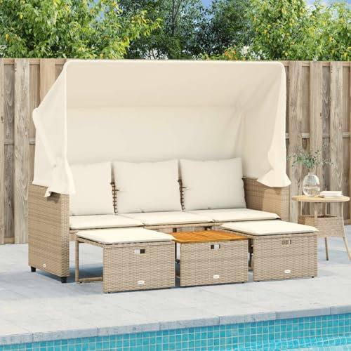 Gecheer Gartenlounge Set Polyrattan, Outdoor-Sofa 3-Sitzer mit Dach und Hockern, Doppelliege, Terrassensofa, Beige Poly Rattan