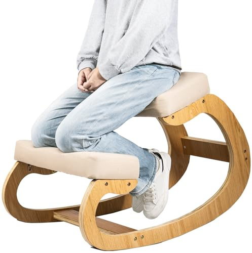 CROWNSHOP Kneeling Chair with Rocking Feature – Ergonomic Orthopedic Posture Stool for Back & Neck Pain Relief, Thick Cushioned Seat for Home, Office & Meditation (Wooden Oak White)