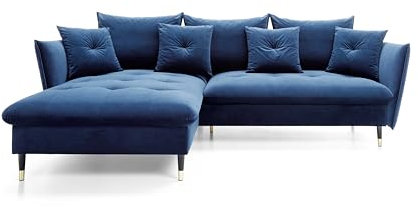 DomoHome Ecksofa Glam mit Schlaffunktion, Freistehend, Ottomane und Goldenen Füßen – Samtsofa im Glamour-Stil für Ihr Wohnzimmer, mit Zierkissen, 258x167x91cm, Linke Seite BLAU