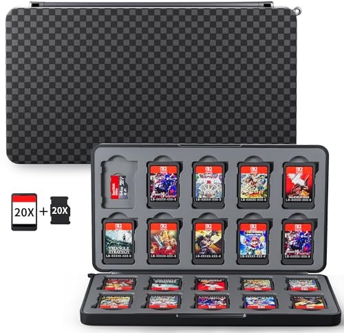 PAWDIARY Black Switch Game Card Case for NS/OLED/Switch 2, 20 Switch Cards and 20 SD Cards Storage Compact Hardshell with Magenic Closure, Large Capacity Switch Card Holder Checkered Pattern