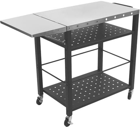 Outdoor Grilltisch, Grilltisch mit Großer Arbeitsfläche mit 4 Rollen 304 Tischplatte aus Edelstahl Küchenwagen 3-Etagen Servierwagen Beistelltisch Grillablagetisch Garten Trolley mit Push-Pull Regal