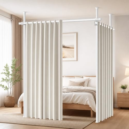 Caossuixin Raumteiler Ohne Bohren,Verstellbar 70-354 cm (B) 122-310cm (H) | Raumteiler Paraventgestell,Raumtrenner Paravent Ohne Vorhang,Sichtschutz für Schlafzimme Büro Wohnzimmer Mietwohnungen Weiß