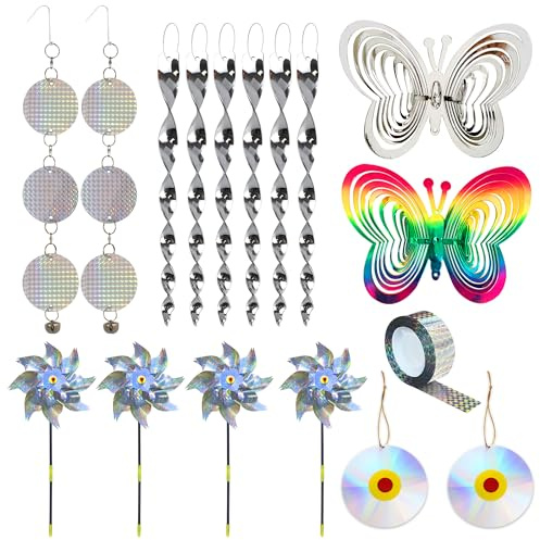 KOKMEYA Vogelabwehr Set - Enthält 2 reflektierende Windräder, 2 Schmetterlings-Windspinner, 6 Spiralgeräte, 1 Schreckband & 2 Scheiben, zur Abwehr von Tauben, Möwen, Spechten für Balkon & Garten