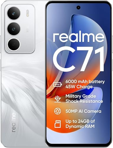 realme C71 Smartphone,Batería 6000mAh,120Hz 6.67 Pantalla,50 MP AI Cámara,6GB+128GB Telefono Movil,Dual SIM Android 15,Procesador UNISOC T7250,NFC IP54,Blanco