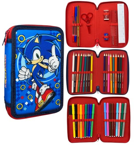 CARTOON Astuccio 3 zip Sonic completo 44 pezzi cancelleria multiscomparto penne matite colori pennarelli giotto per la scuola
