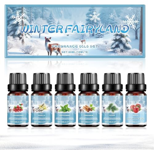 Winter Ätherische Öle Set, 6 x 10ml Ätherische Öle, für Diffuser, Winterzeit Ätherische Öle, Vanille, Zeder, Zimt, Apfel, Cranberry, Minze, für Duftlampen und DIY-Rezepte