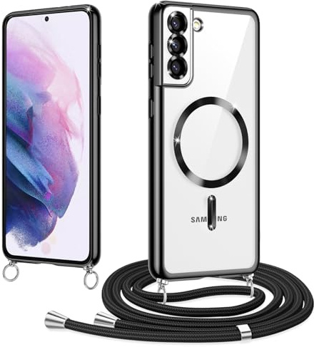 Micnkifo Magnétique Coque avec Cordon pour Samsung Galaxy S21 Plus, Compatible avec MagSafe, Coque Magnétique en Galvanisé avec Réglable Collier Lanyard, Antichoc pour Samsung S21 Plus 5G, Noir
