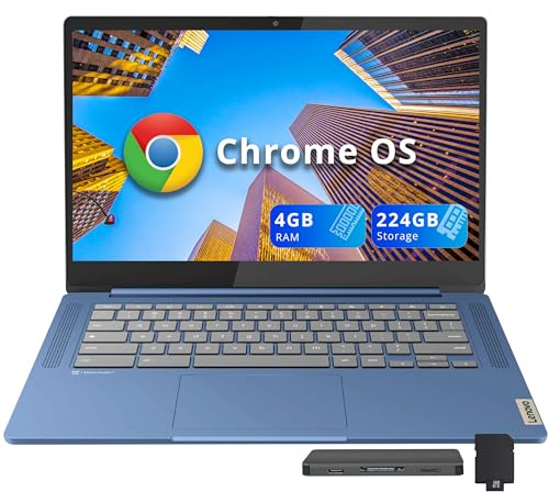 Lenovo Chromebook IP Slim 3 FHD da 14, MediaTek Kompanio 520, 4 GB di RAM, 224 GB di memoria (64 GB eMMC+set docking station da 160 GB), webcam HD, Wi-Fi 6, lunga durata della batteria, Chrome OS