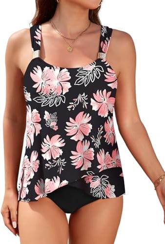 Nadeer Ensemble Tankini Maillot de Bain Femme 2 Pieces Gainant Ventre Plat avec Bas Taille Haute Imprimé à Volants Swimwear Réglable Maillot de Plag Beachwear Swimsuit