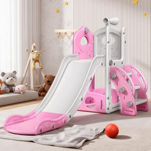 Toboggan pour enfant : grand toboggan rose pour tout-petit avec panier de basket, kit de jeu d'escalade avec espace de rangement, jouet d'intérieur et d'extérieur pour tout-petits de 1 à 3 ans