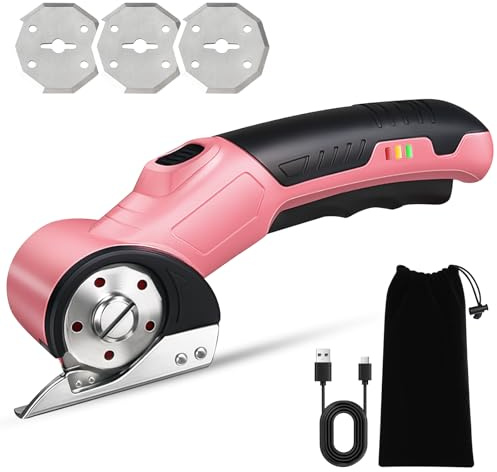 Kartonschneider Elektrisch,Elektrische Schere mit 3 Klinges,Akku-Universalschneider 320 Hüben/Min für Papier, Pappe, Teppich, Leder, Filz, Kunststoff (Rosa）