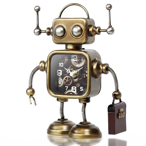 AYRELY® Vintage Robot Clock, Steampunk Metal Desk Clock with Gear Design, Industrial Decorative Table Clock for Home Office, Shelf, Fireplace Mantel and Living Room Decor