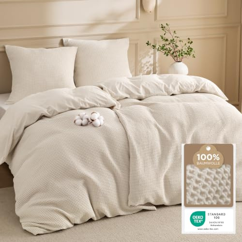 BEDSURE Bettwäsche 135x200 Baumwolle Waffelpiqué - 4teilig Natur | Waffel-Baumwoll-Bettwäsche mit Reißverschluss, einfache Montage, ÖKO-TEX, weich & hautfreundlich, ganzjährig geeignet