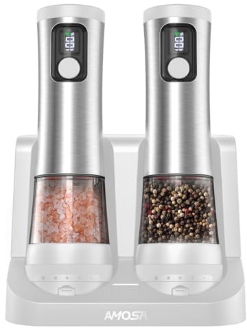 Juego de Molinillo Pimienta Electrico de Sal, con 2 Velocidades Ajustables | 5 Tamaños de Grano, Base Recargable con Pantalla de Batería, Saleros de Cocina Automática acero Inoxidable con LED (Blanco)