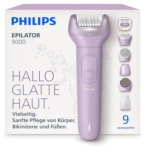 Philips Epilierer Series 9000 - Kabelloser Epilierer für Nass- und Trockenanwendung, Beine, Körper und Bikinizone, mit ProGuide, 9 Zubehörteile inkl. Pediküre-Aufsatz, 60 Min. Akku, Modell BRE728/00