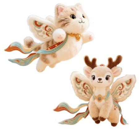 JORCEDI Schlüsselanhänger, Chinesischer Stil Feen-Tier Plüsch Anhänger, Dunhuang Flügel Design, Weiches Plüsch Schlüsselanhänger & Taschenanhänger für REH & Katze (10 cm,Katze+Neunfarbiges REH)