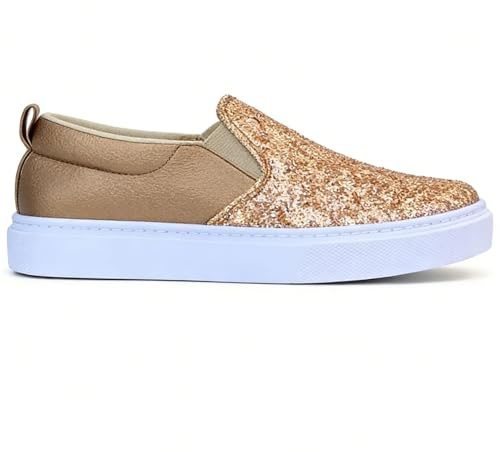 Feizikaw Sicherheitsschuhe Damen Modische Glitzer-Plateau-Slipper, Bequeme Flache Sneaker zum Hineinschlüpfen und für den Alltag geeignet (Rose Gold, 43)