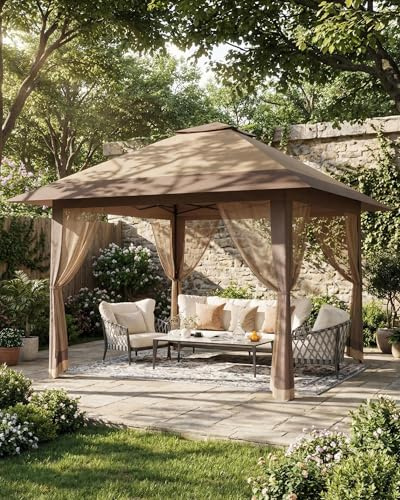 Gazebo Pieghevole 4x4m con Zanzariera, Gazebo da Giardino Pop Up con Sistema One-Push, Tenda da Sole Idrorepellente per Feste, Barbecue e Campeggio, Cachi e Caffè