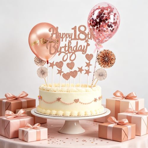 Samyosaien 18th Birthday Cake Topper for Girls, Rose Gold Glitter Happy 18th Birthday Decorations, 18th Cake Toppers for Her Eighteen Party Supplies, Complete All-in-One Kit with Stars, Hearts & Fans