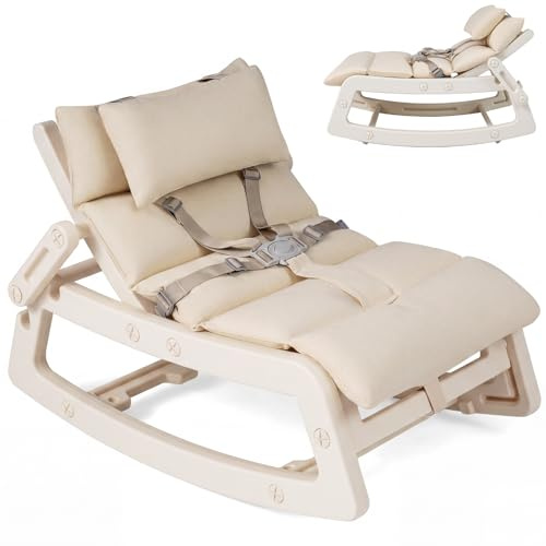 GYMAX Kids Rocking Chair, Children Recliner with Adjustable Backrest, Safety Harness and Removable Washable Cushion, Outdoor Indoor Toddler Chair for 6+ Months Old Boys Girls (Beige)