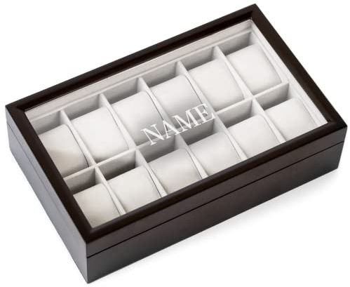 CASE ELEGANCE Uhrenbox aus Massiv Holz - Farbe Espresso - mit Glas-Vitrine für 12 Uhren - Monogrammiert