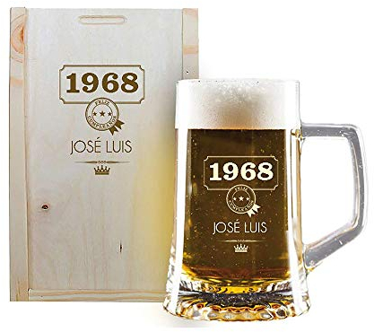 CALLE DEL REGALO Jarras de cerveza personalizadas para regalar (Jarra de Cerveza grabada con su Nombre y año de Nacimiento en Estuche de Madera también Grabado para cumpleaños)