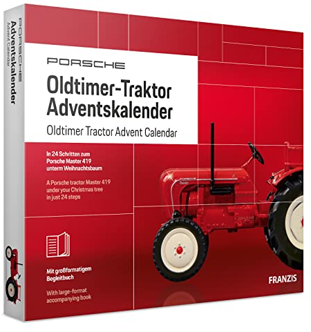 FRANZIS 67067 - Porsche Oldtimer-Traktor Adventskalender 2019, Modellbausatz im Maßstab 1:43, inkl. Soundmodul und 52-seitigem Begleitbuch