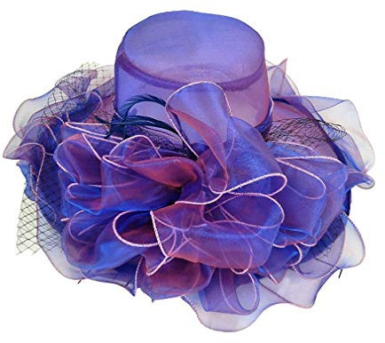 VPbao Anti-UV Organza Chapeau de Soleil Large Bord Plage Cérémonie Capeline Femme Violet