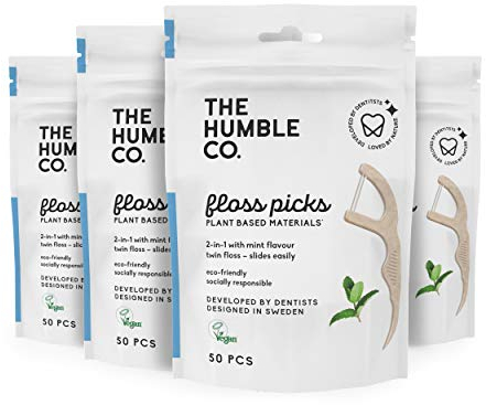 The Humble Co. Pflanzliche Zahnseidesticks | Frische Minze | Umweltfreundlich, Vegan, Zuckerfrei, von Zahnärzten empfohlen - Entfernt Plaque und Verleiht ein Frisches Gefühl (4 x 50p)