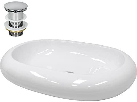 ECD Germany Lavabo da Appoggio in Ceramica Bianco Ovale 630x420x120 mm Design Moderno Lavabo Moderno d'Appoggio Ceramica Lavandino Lavamano con Set di Scarico Lavabile 1 1/4 Piletta in Ottone Cromato
