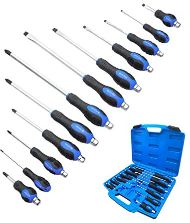 Magnetic Screwdriver Set 12 PCS with Black tips, 6 Phillips and 6 Flat Head Screwdrivers, with Go-Thru Steel Blades, High Torque for Fastening and Loosening (Black Tip_Matt Blade)