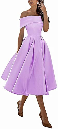 N/ C Women's Off The Shoulder Satin Short Bridesmaid Dresses Tea Length Formal Prom Party Dress Lilac-UK24