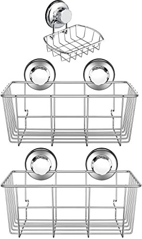 iPEGTOP 3in1 Strong Suction Cup Deep Shower Caddy Bath Organizer Wall Shelf + Soap Dish Soap Holder for Large Shampoo Shower Gel Bathroom Accessories Storage - Rustproof Stainless Steel