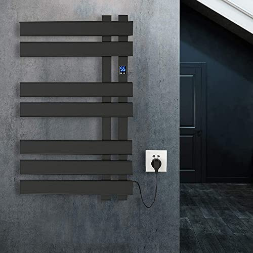 BDXZJ Smart Touch Heated Towel Rail, Towel Warmer Wall Mounted with 7 Bars, Plug-In Bath Towel Heater, Thermostat and Timer, IPX4 Waterproof, 180W for Home, Bathroom Black