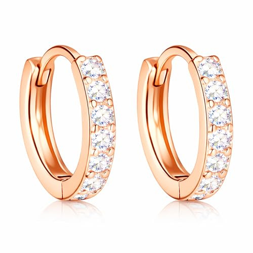 LÖB Unisex Creolen aus 925 Silber Vergoldet mit Zirkonia weißen Strass Steinen Ohrringe Rund Klein Schmal Kurz Damen Herren Rosegold 14mm