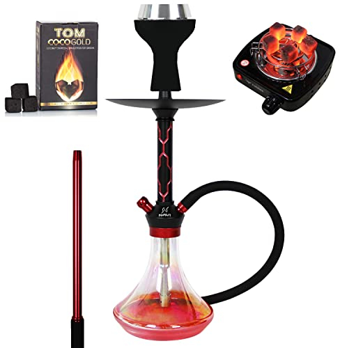 PACK chicha Element narguilé design originale 39cm, Foyer silicone, Système de chauffe, Tuyau silicone, plaque chauffante, kit chicha complète narguilé shisha (ROUGE)
