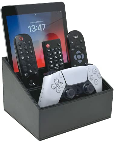 Super and Social - Remote Control Holder/Storage Caddy | Desk & Makeup Organiser | 3 Compartments - For Remotes, Tablet PC/eBook, Office Supplies & Gaming Controllers | Phone Holder | PU Vegan Leather