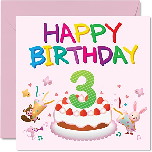 3. Geburtstagskarte für Mädchen – Critter Party Geburtstagskarte – Happy Karte für 3 Jahre altes Mädchen Mädchen Geburtstagskarten für sie 145 mm x 145 mm Grußkarte für Tochter Nichte Enkelin Kinder