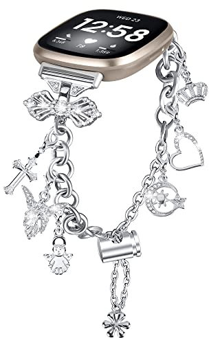 FitTurn Bling Band compatibile con Fitbit Versa 4/Sense 2 Band da donna, in acciaio inossidabile, con diamante, bracciale con connettore a fiocco, ciondolo intercambiabile per smartwatch Versa 4/Sense