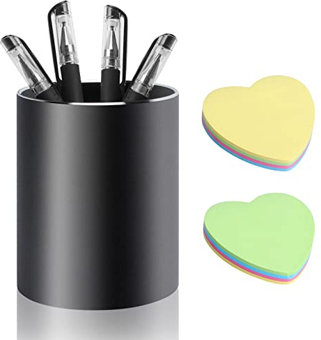 NAEBRO Pot à Stylo de Bureau Pot à Crayon Rond en Aluminium avec 200 feuilles Notes Autocollants Porte-stylo Organisateur de Stylo pour Bureau, Cuisine, Coiffeuse et Salle de Bains (8x10cm, Noir)