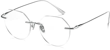 Cyxus 100% Titan Blaulichtfilter Brille Herren Damen mit Rahmenlos Retro Runde Nerdbrille ohne stärke Brillenfassung Gaming Brille für PC TV Tablet(Silber Tempel) 8125T18