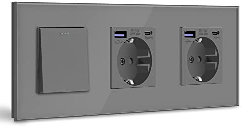BSEED Lichtschalter mit Steckdose, Doppel Schuko Unterputz Steckdose mit USB C 20W Schnellladegerät USB Type C, 1 Fach 2 Weg Taste Schalter, Wandschalter mit Glas Rahmen Geeignet für Phone, Pad-Grau