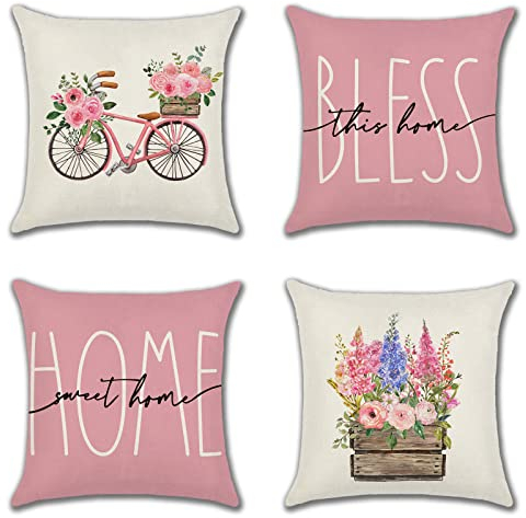 JOTOM Lot de 4 housses de coussin carrées décoratives pour extérieur, maison, lit, canapé, salon - Motif fleurs roses - 45 x 45 cm - Pour extérieur, maison, lit, canapé, salon (Home Rose)