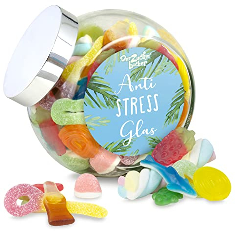 Anti Stress Süßigkeitenglas – großes Schräghalsglas mit Fruchtgummi und Marshmallow, Geschenk für Freunde und Freundinnen, 1000 g