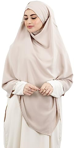 Lamis Hijab - Khimar 2 Schleier zum Überziehen aus Medinenseide, Jilbab für muslimische Frauen, verhüllt KH200, beige, One size