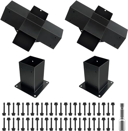 DEVALLEY 4-Way Right Corner Pergola Brackets Kit,Woodwork Brackets with Post Anchors for 4 x 4(Actual:3.5x3.5) Wood Beams for Patio Pergolas,Gazebos,Log Cabin W/Hardware (4 Pack)…