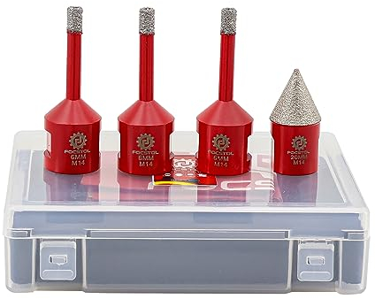 FOCSTOL Punte per Trapano Diamantate - 4 pezzi 6/6/6mm Sega a Tazza Diamantata+20mm Punte per Smusso per Porcellanato Ceramica Piastrelle Marmo Granito M14 Filettatura