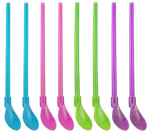 ZZLZX Lot de 8 cuillères à paille en plastique réutilisables amovibles pour cocktail et café (rose, violet, bleu, vert, 2 de chaque)