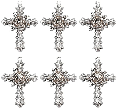 SUNNYCLUE 1 caja de 10 piezas de Dijes Cruzados Estilo Tibetano Plata Antigua Dijes de Cuentas Cruzadas Grandes Flores de Rosas Detalladas Cruces Vintage Dije En Forma de Crucifijo para Hacer Joyas Di