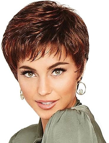 AUBWIG Perruque courte,Pixie Cut Charming Style Fluffy Wig Red-Brown avec Bangs Natural Heat Resistant Synthetic Short Hair Perruque (rouge-brun #2B)